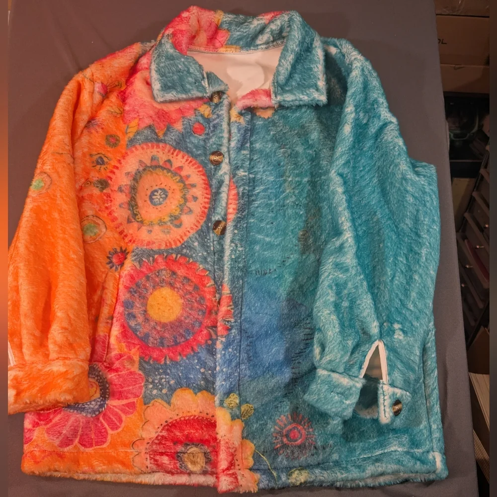 Colorful Fuzzy Floral Jacket Size M - Picture 1 of 5